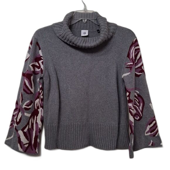 Cabi Eden Gray Purple Floral Bell Sleeve Turtleneck Sweater WOMENs Size M - Picture 1 of 6